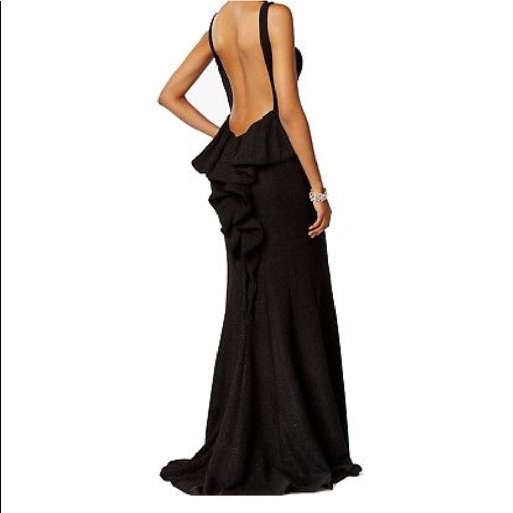 •Xscape• Metallic Open-Back Ruffled Halter Gown